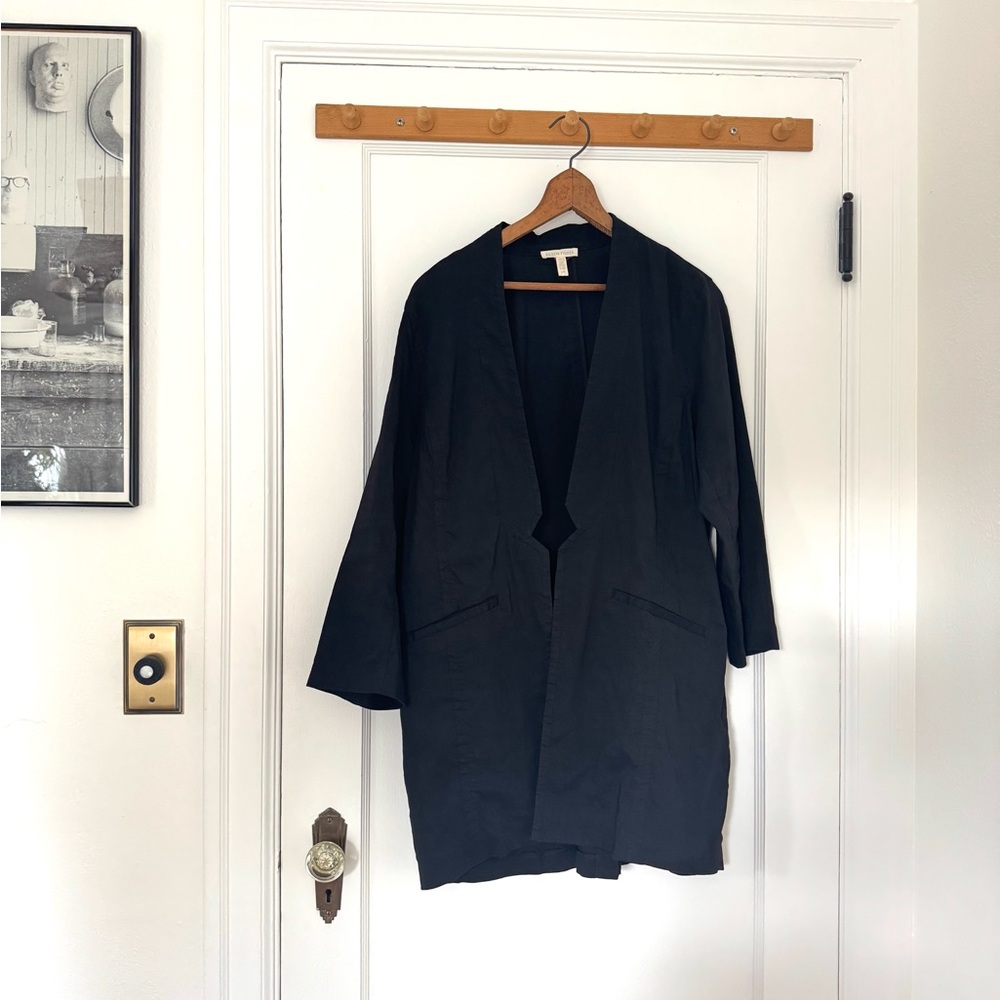 Eileen Fisher Organic Linen Black Open Front Jacket Large